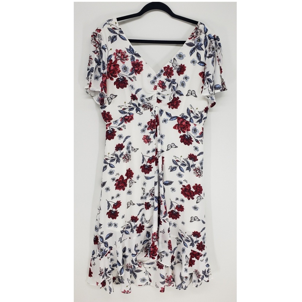 Candie's Floral Flutter Sleeve High-Low Ruffle Dress Women's Size L White Red